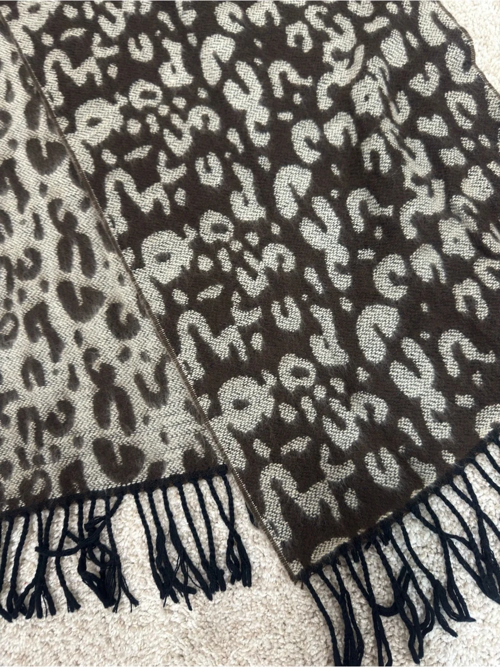 Leopard Print Fringe Scarf - Gray & Brown with Black fringe